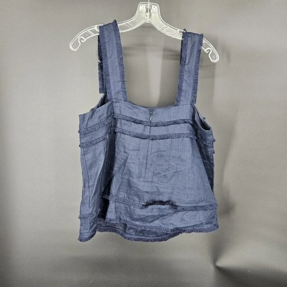 J Crew Tank Top Womens Size Small Blue Linen Fringed Trim Crop Festival Boho - Picture 2 of 9